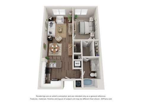 Floor plan for 1 bed, 1 bath, 833 sqft